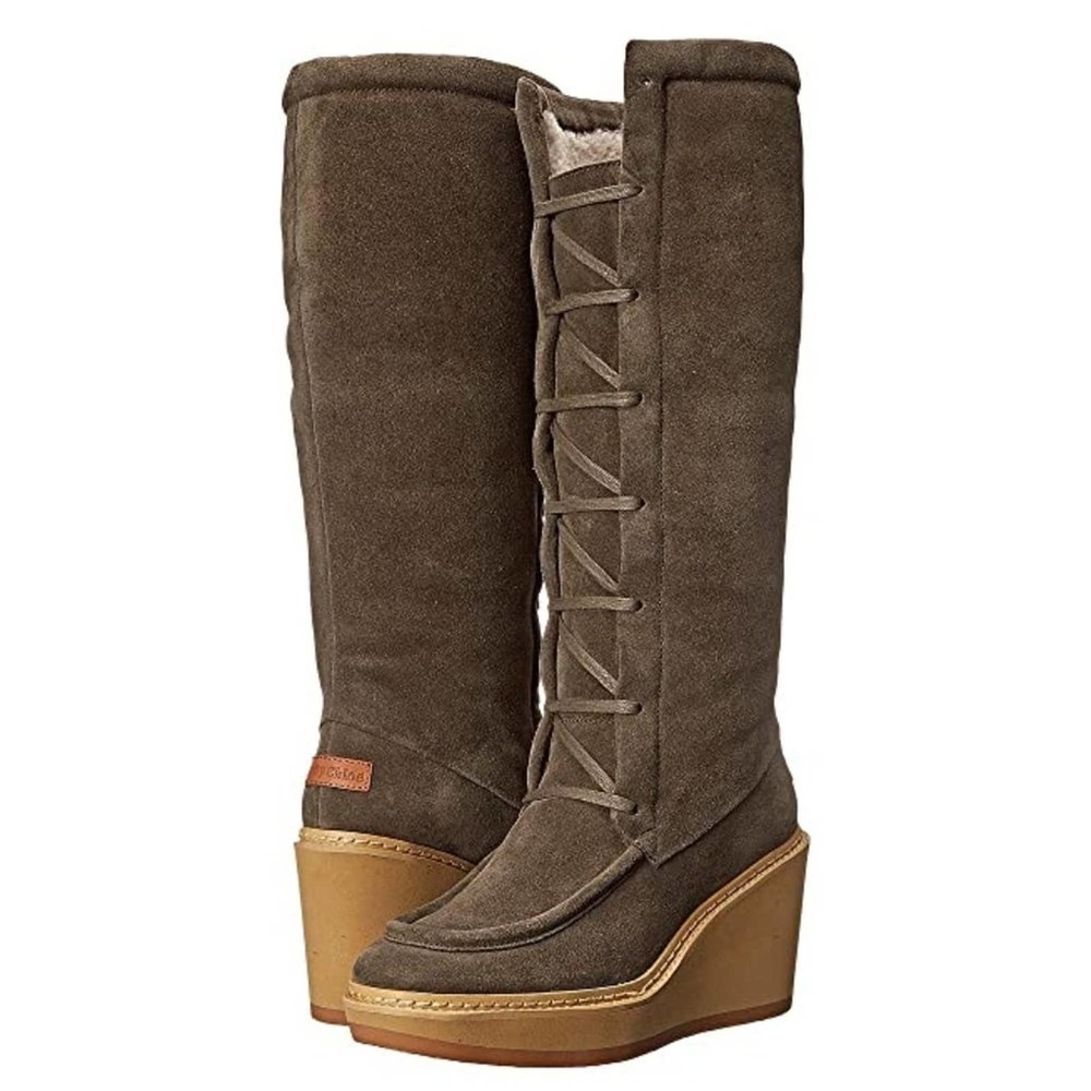 New See by Chloe Grey Suede Tall Wedge Heel Shearling Boots Size 36